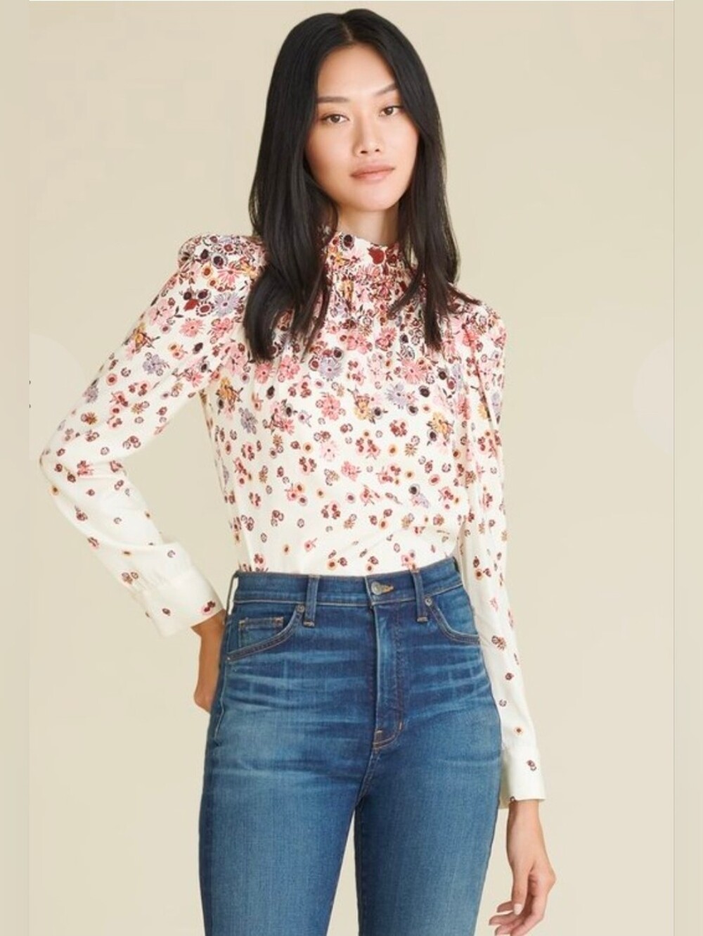 VERONICA BEARD Fey Mock Neck Floral Blouse Silk Long Sleeve Sz 10